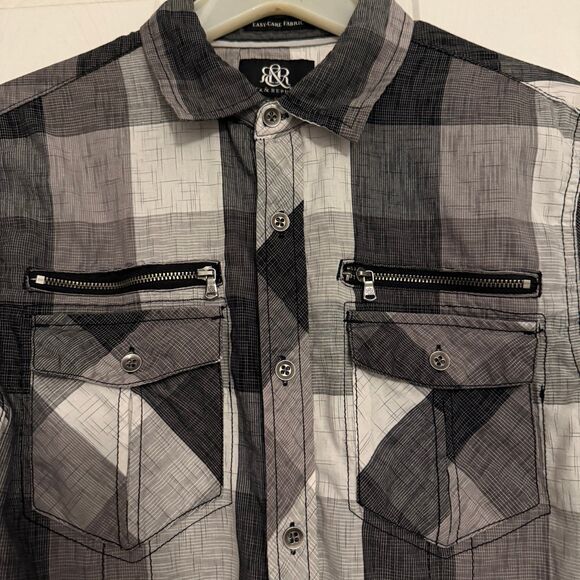 Rock & Republic Black White Buffalo Plaid Roll Tab Long Sleeve Shirt Mens Small - Picture 3 of 5